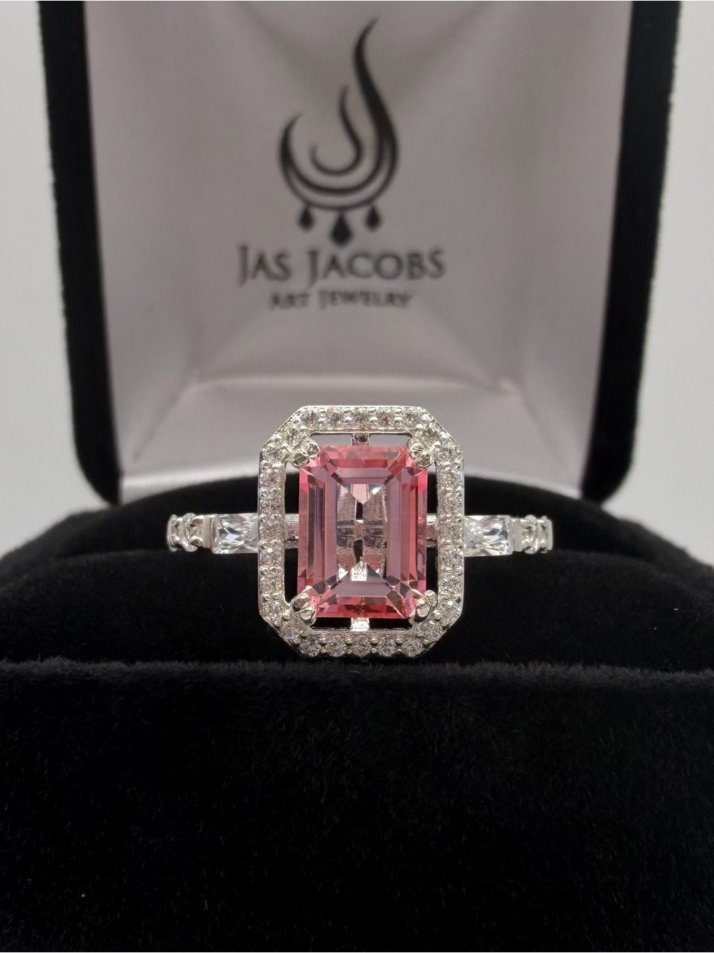 Jas Jacobs Emerald Cut Pink Topaz Ring Halo & Baguette Carnation Jewelry Gift